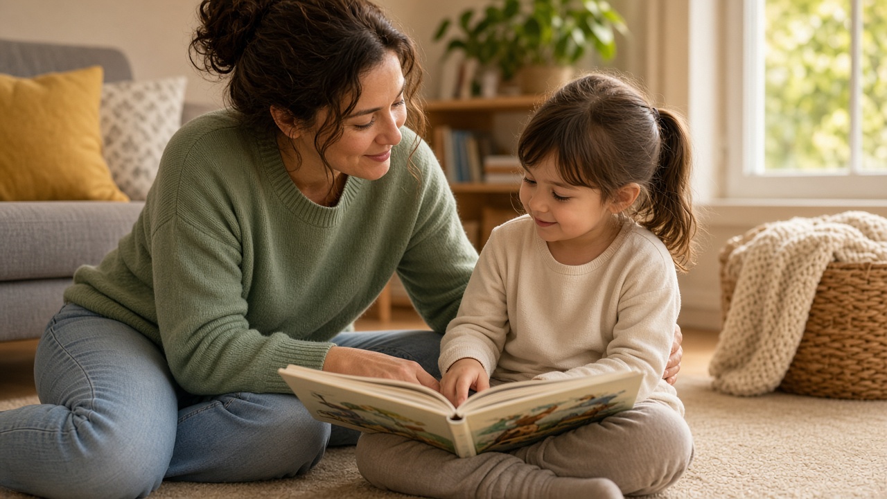 Parent and child reading together at home