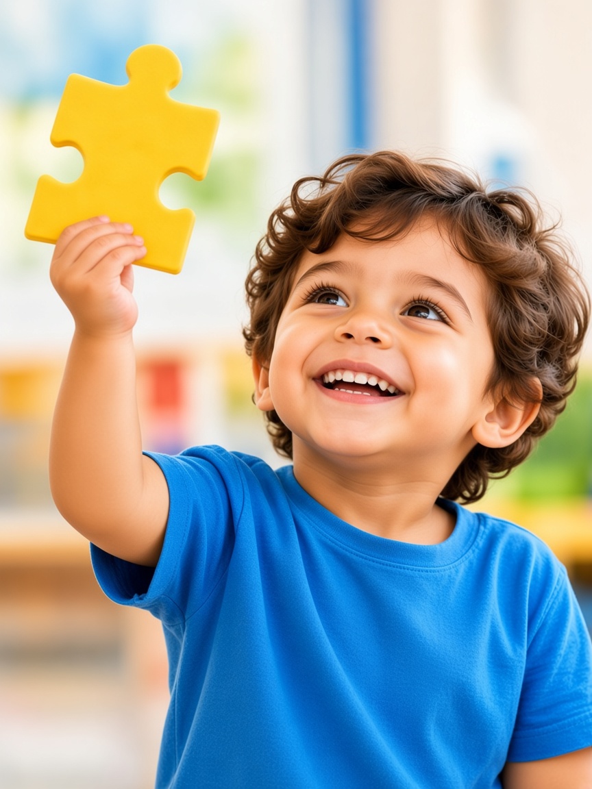 Child focused on learning with colorful puzzle pieces