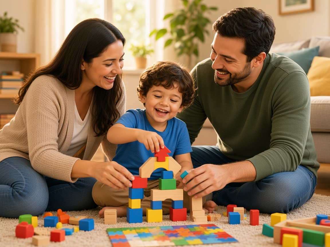 Parents and child playing together with building blocks at home