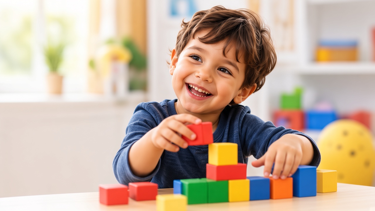 Smiling child playing with colorful building blocks during play-based ABA therapy