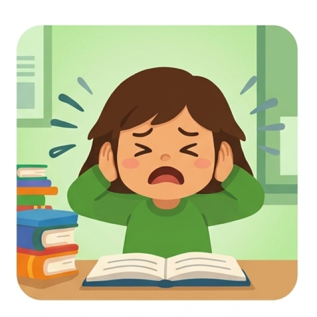 Child covering ears at a desk to escape schoolwork