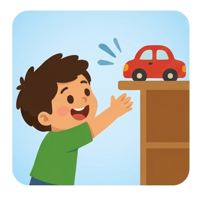 Child reaching for a toy car on a shelf